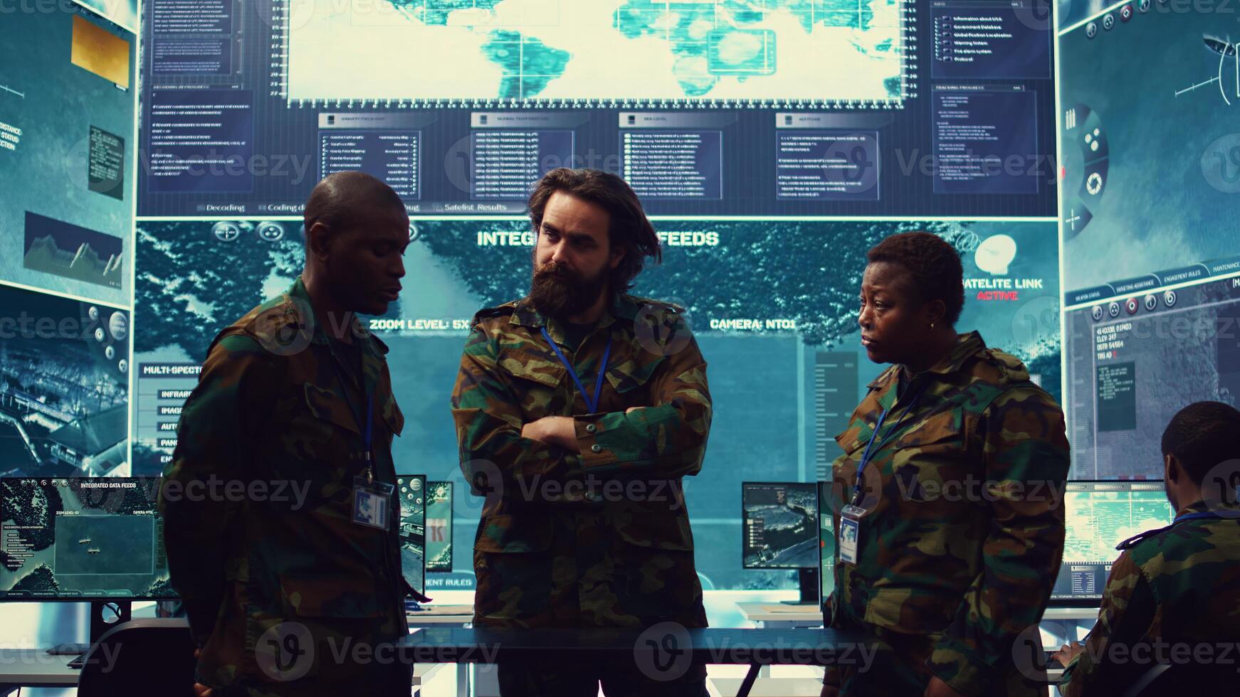 Diverse army officers examining real time data on a hologram, working with high tech holograph in a military command center for surveillance. Gather intelligence to support field troops. Camera B. photo