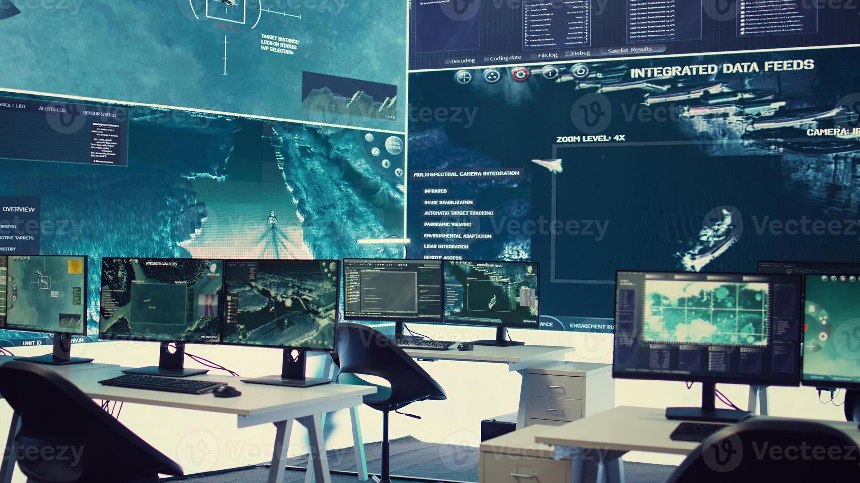 Federal anti terrorism command center with a big screen and radar surveillance used for reconnaissance on satellite system. Empty military control room transmitting mission oversight. photo