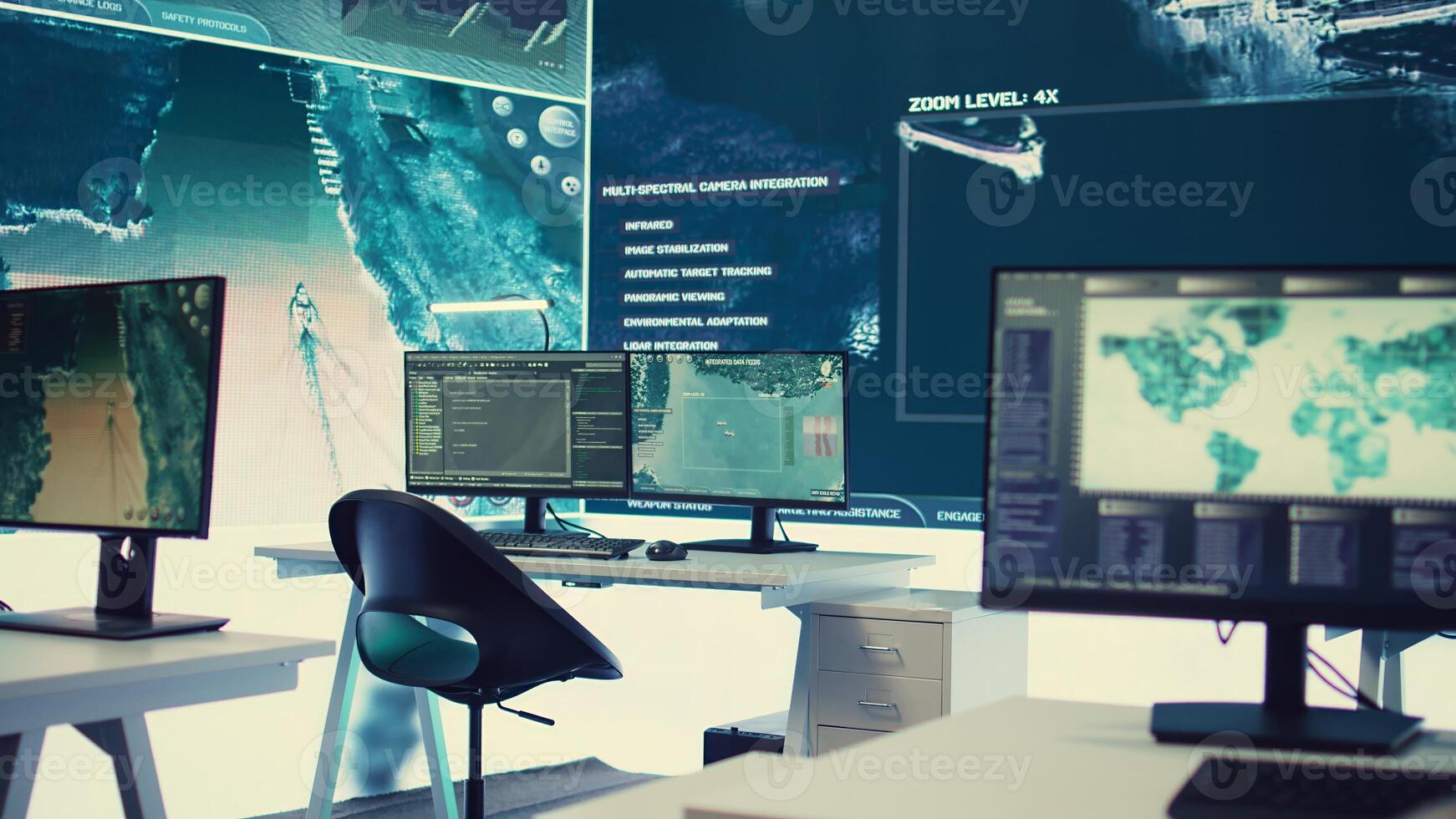 Empty military drone control center equipped with a big screen to receive alerts, satellite radar footage running on high tech equipment. Federal armed forces headquarters secret services. photo