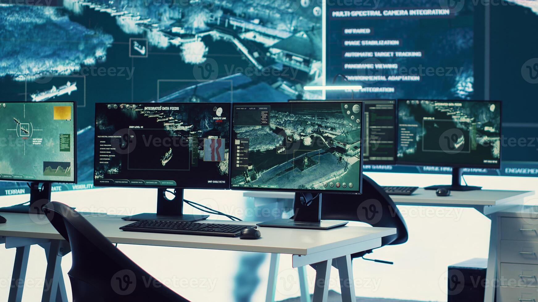 Empty military secret service headquarters used to follow threats or national safety alerts, high tech equipment for a federal agency. Army command center with a big screen, telecommunications. photo