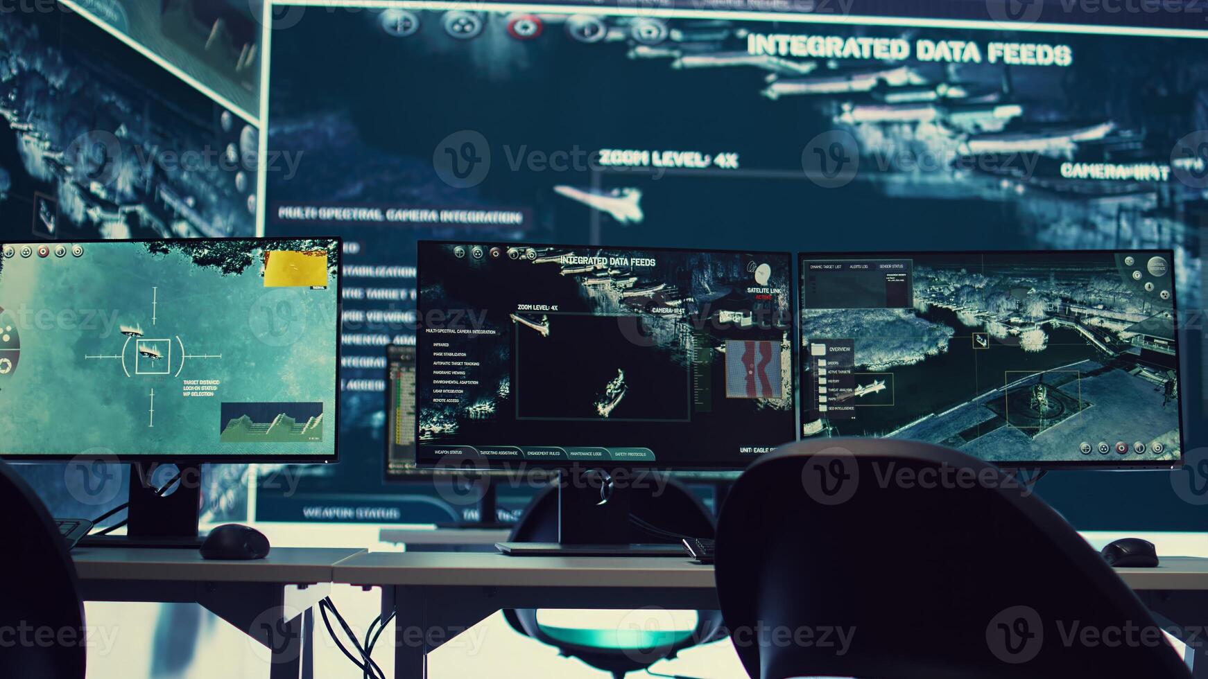 Federal agency command center equipped with surveillance and satellite system overseeing threats or danger on a world map. Military control room headquarters with a dashboard. photo