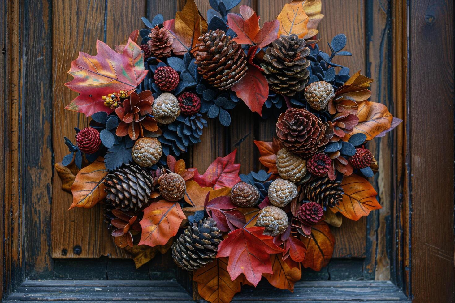 Autumnal Pine Cone Wreath Decorated With Fall Leaves on a Weathered Grey Door photo