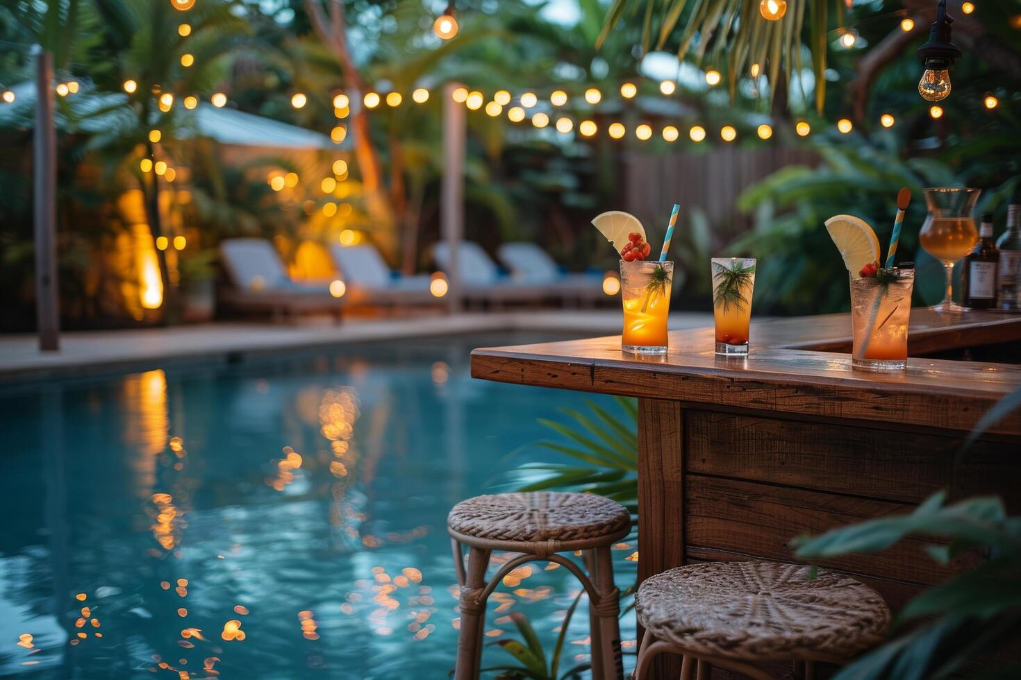 Outdoor Bar and Poolside Lounge With String Lights at Dusk photo