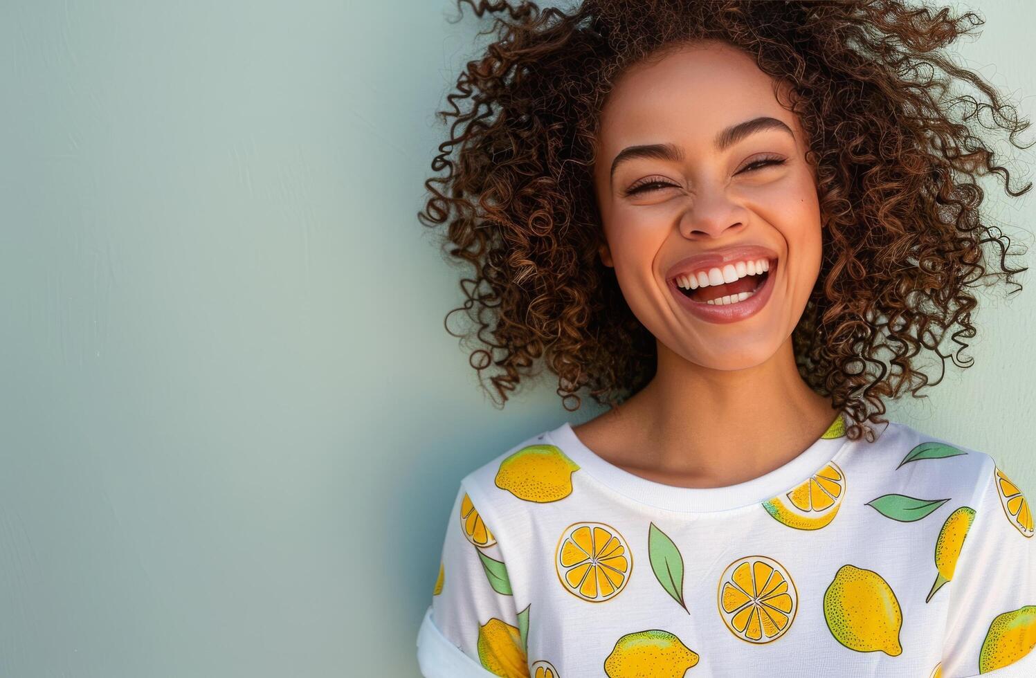 Woman With Curly Hair Smiles Against a Green Wall While Wearing a Lemon-Patterned Shirt photo