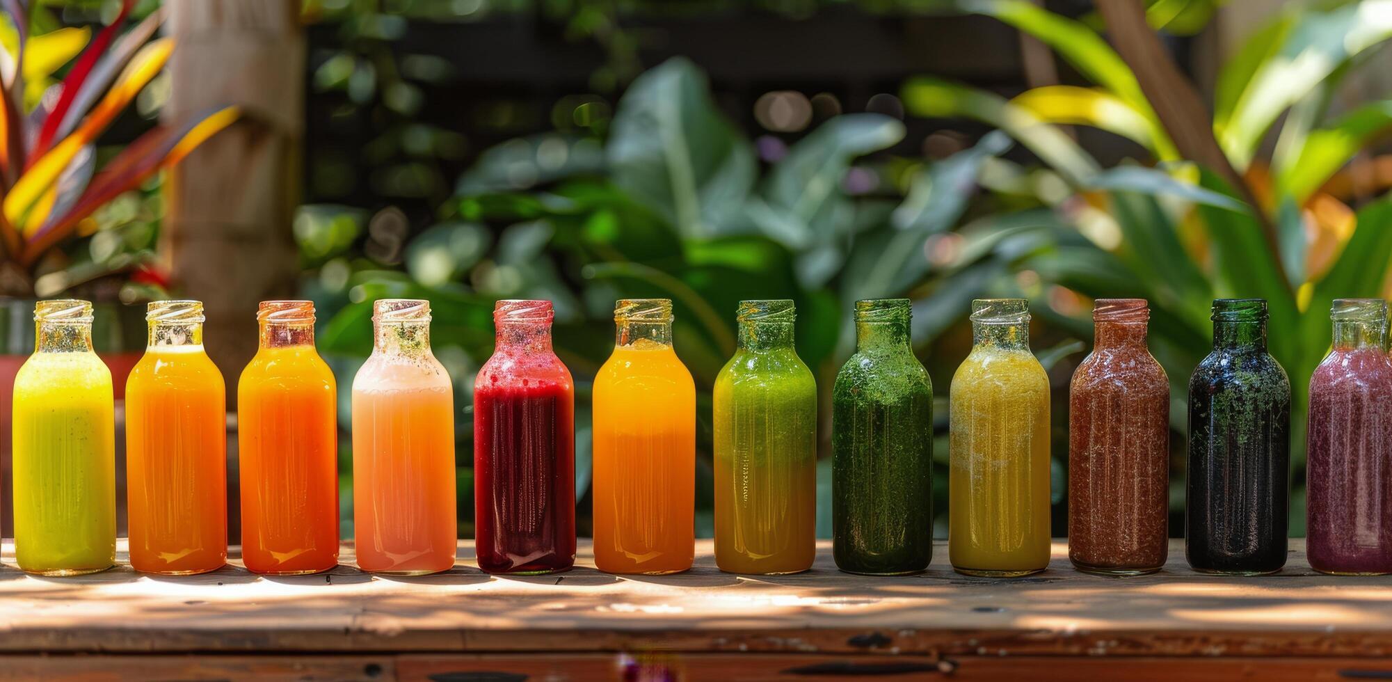 Colorful Glass Bottles of Juice Lined Up on Wooden Table With Green Plants in Background photo