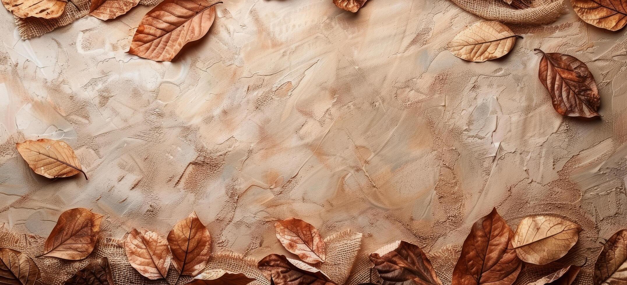 Dried Autumn Leaves Frame on Rustic Burlap Fabric Background photo