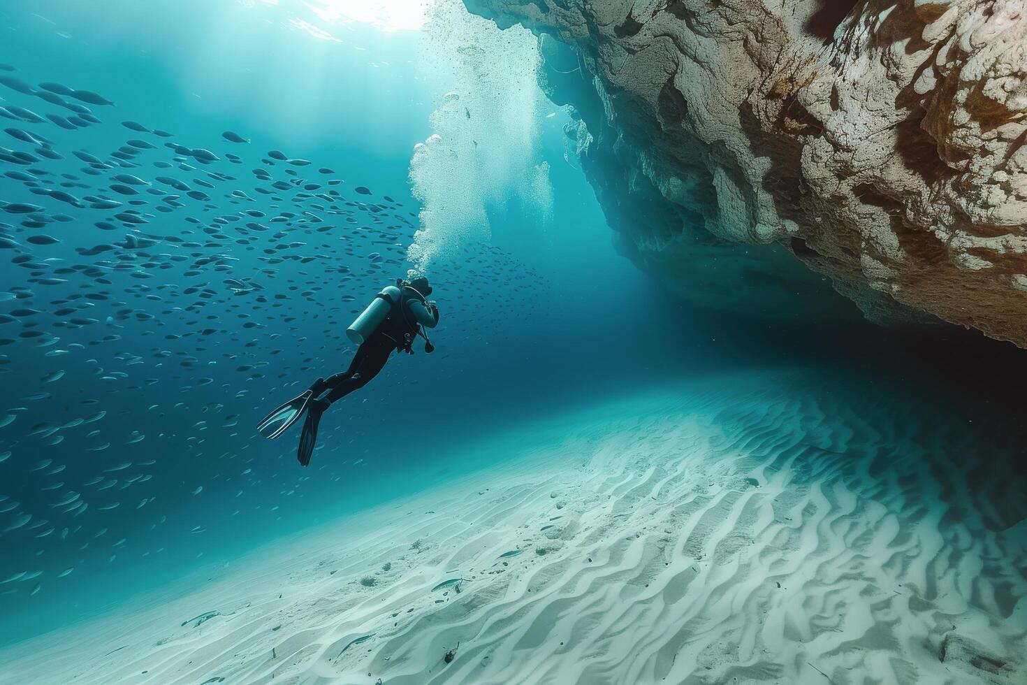 Underwater Scuba Diver Exploring a Coral Reef Cave With Schools of Fish photo