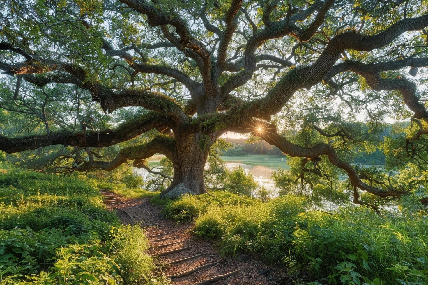 A Stone Path Leads Through Lush Green Gardens Under a Majestic Oak Tree photo