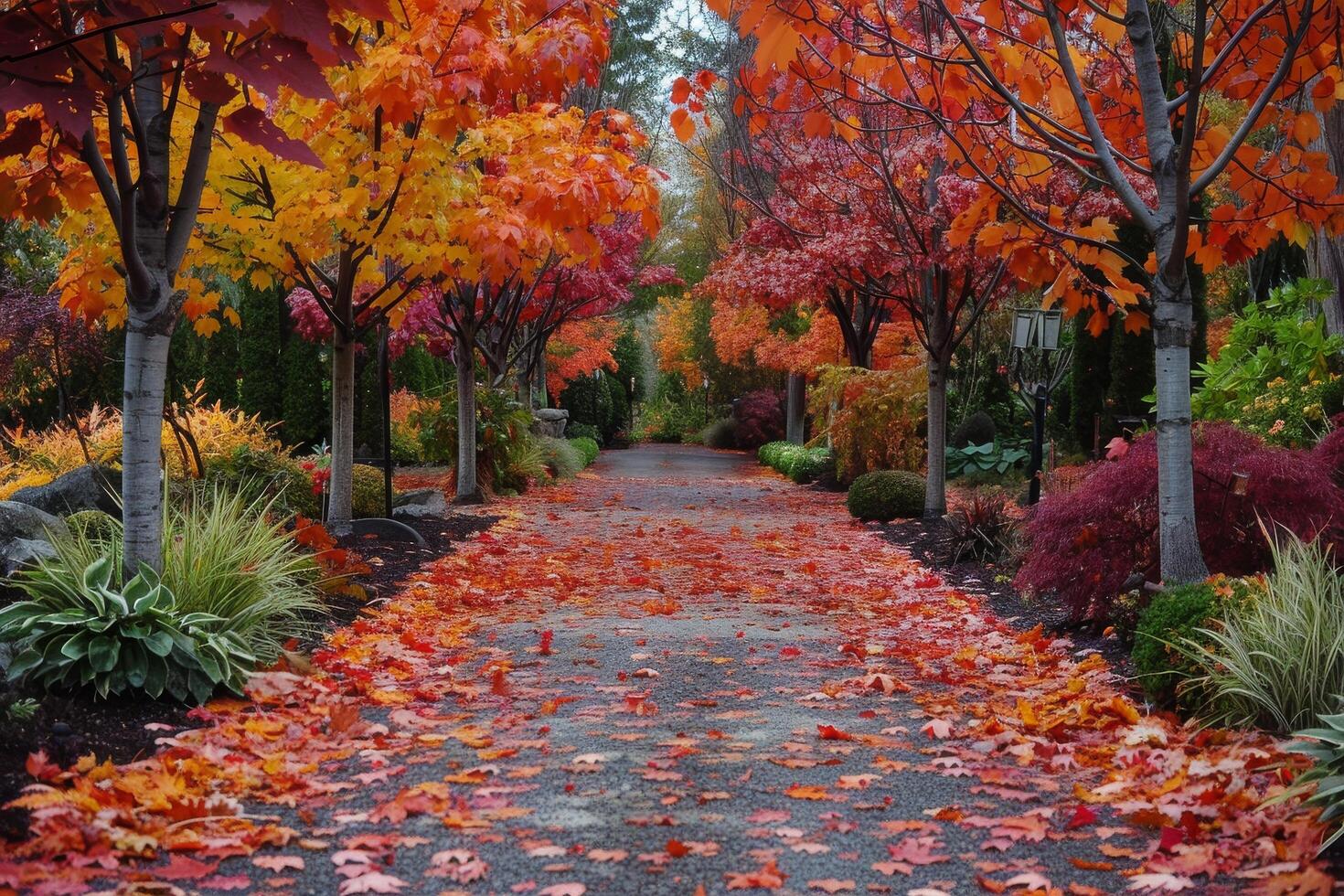 Fall Foliage Path With Vibrant Red and Yellow Leaves photo