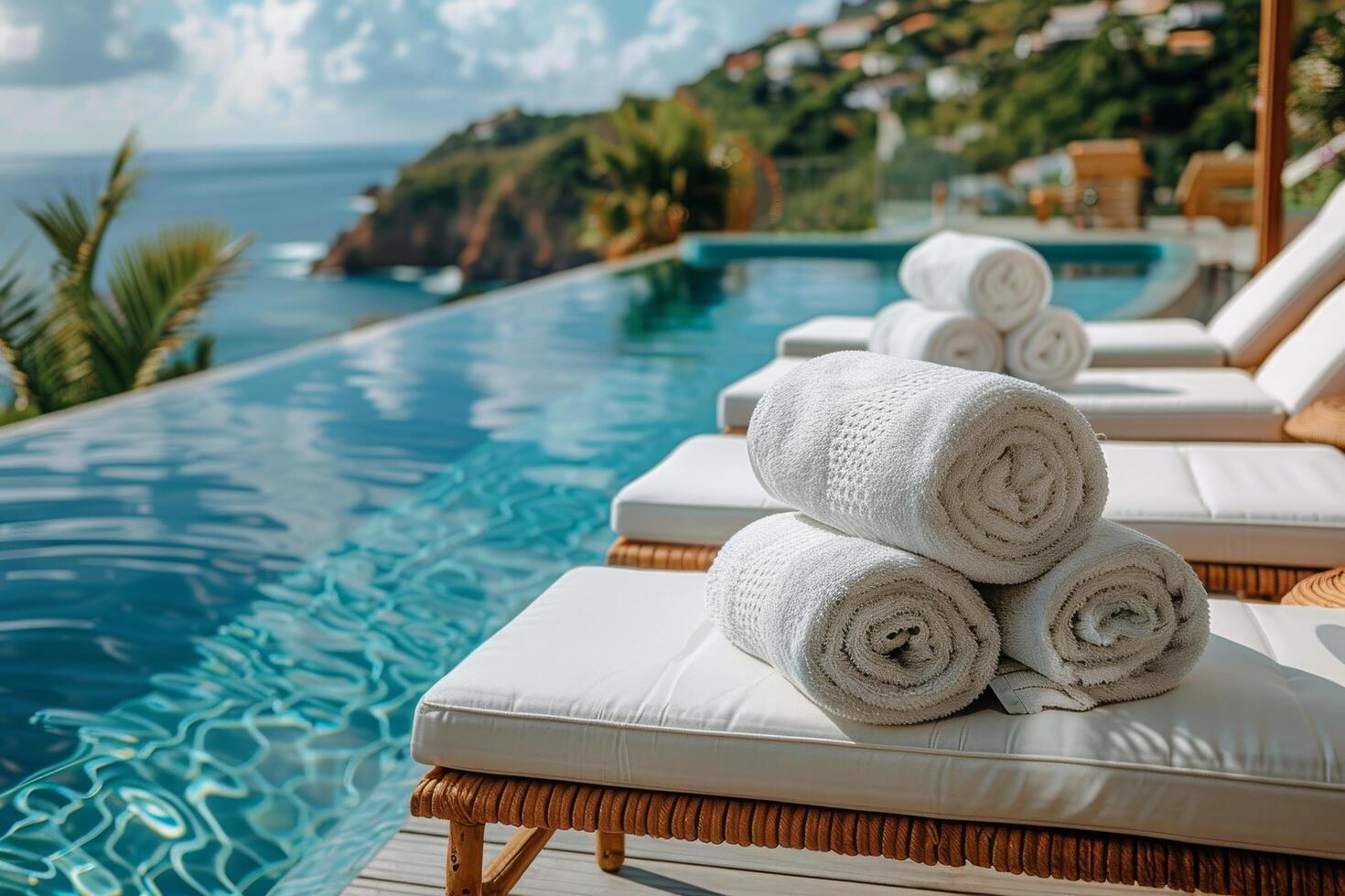A Long Infinity Pool With Palm Trees and Ocean Views in a Sunny Resort photo