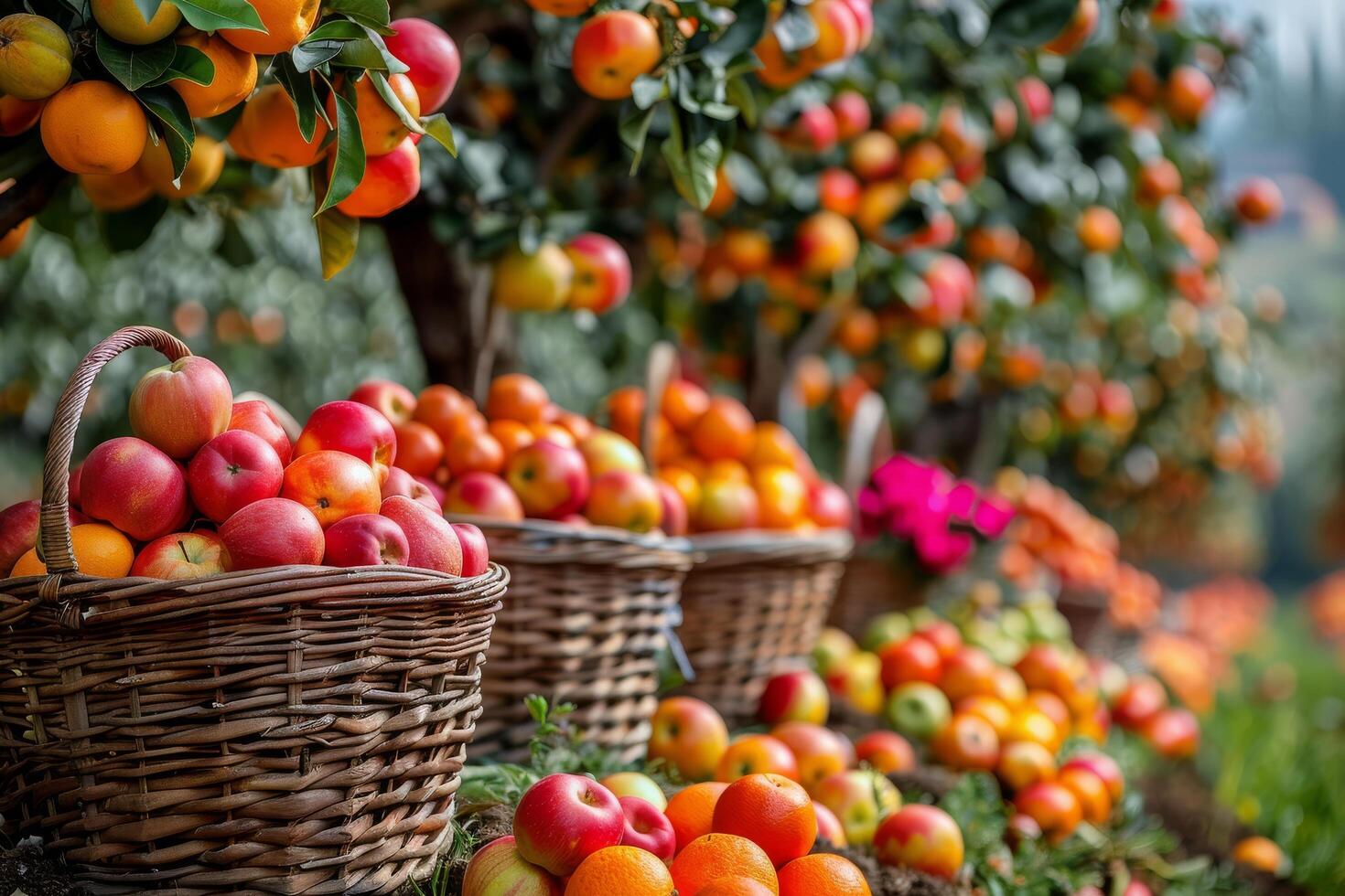 Rows of Orange and Apple Trees in a Fruit Orchard at Sunset photo