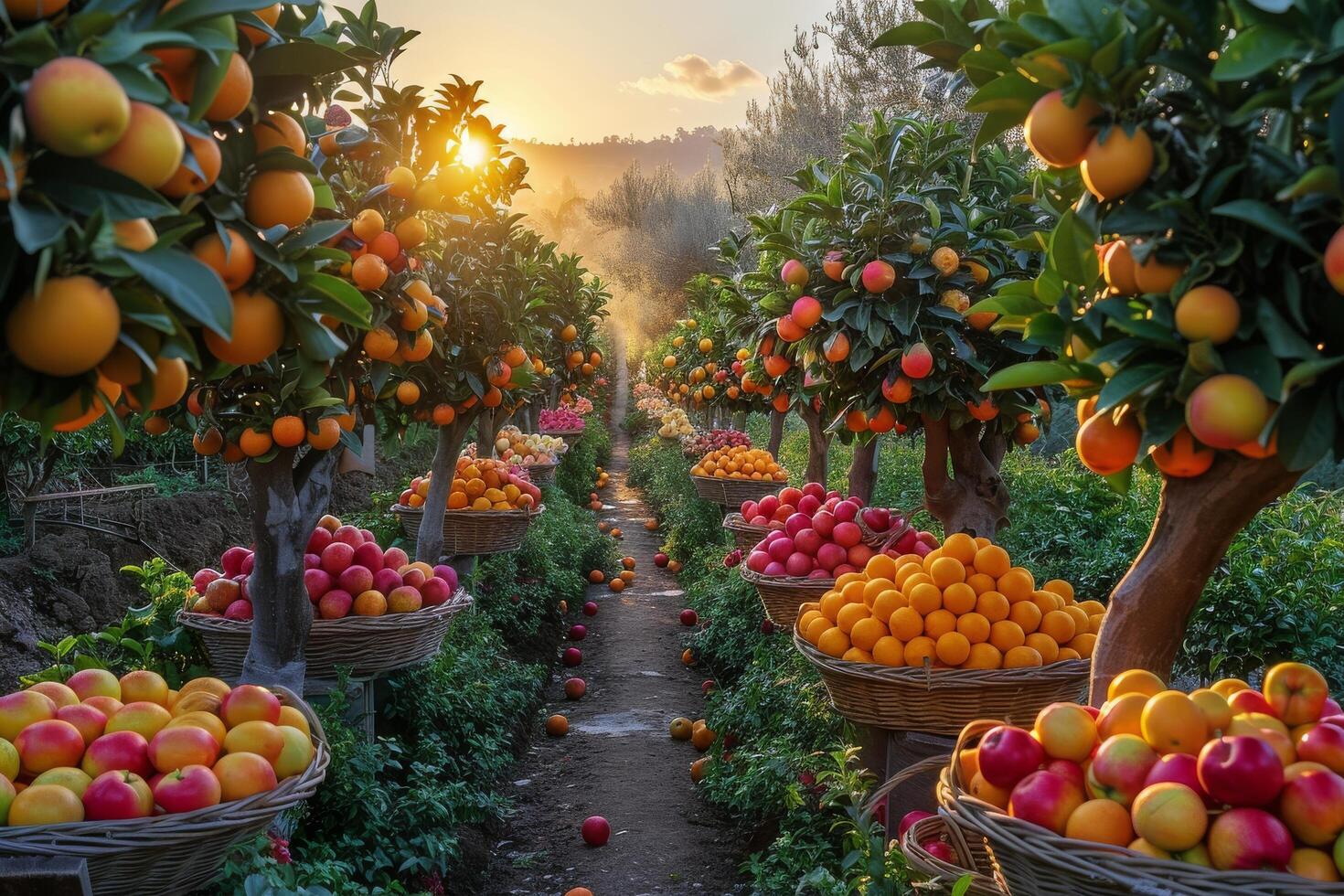 Rows of Orange and Apple Trees in a Fruit Orchard at Sunset photo