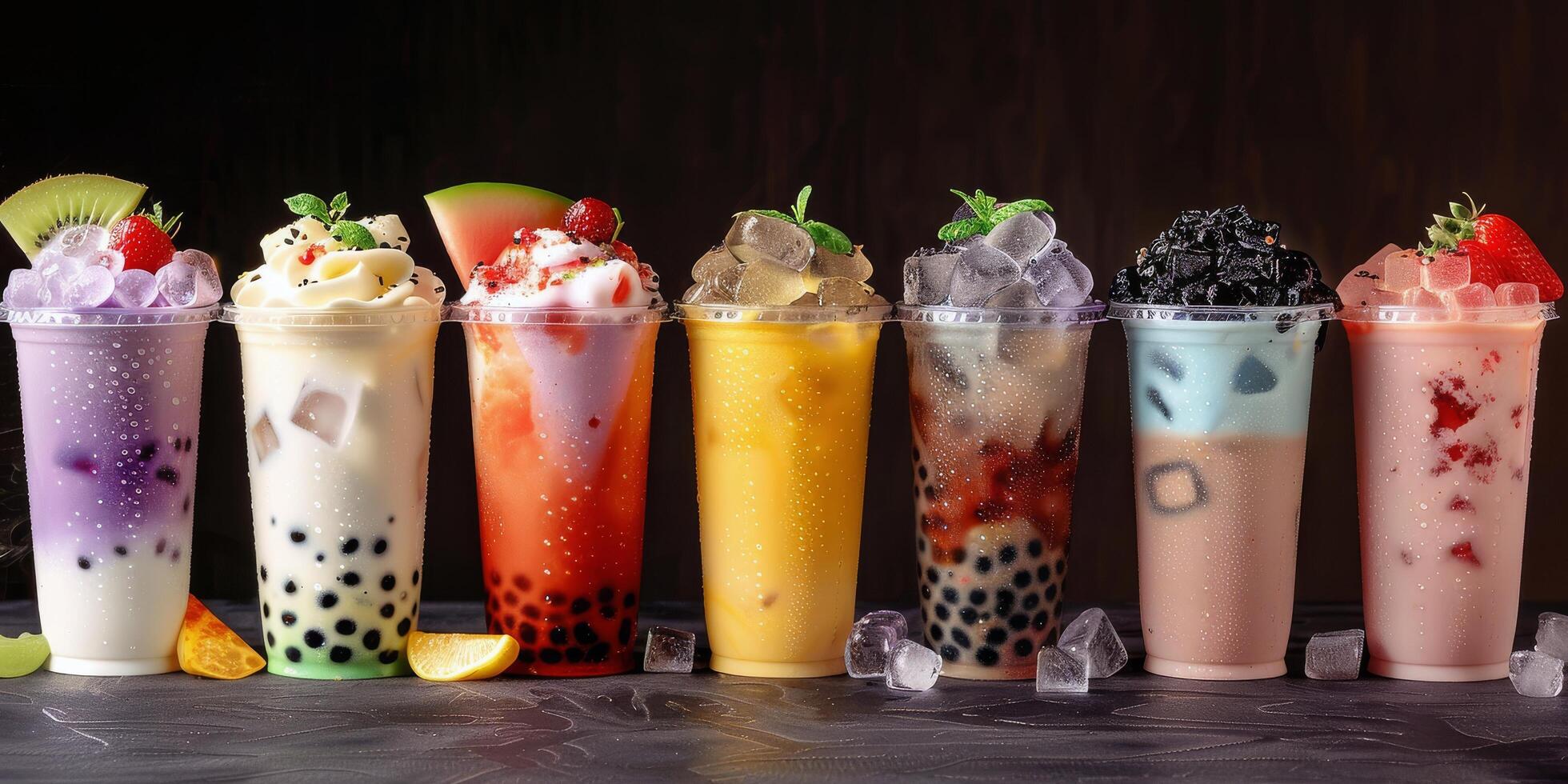 Colorful Bubble Tea Drinks With Boba Pearls On A Black Countertop photo