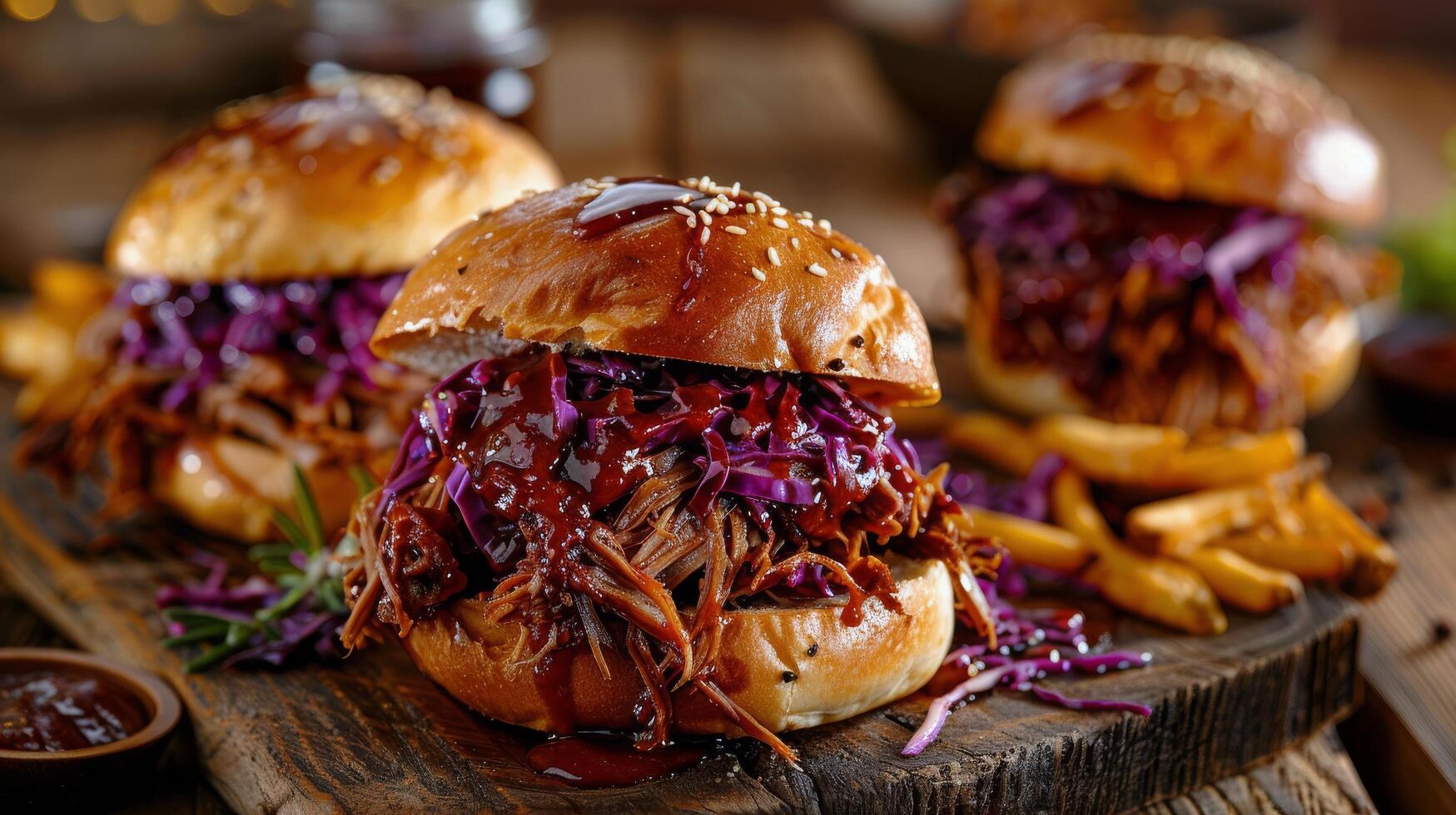 Close Up of Delicious Pulled Pork Sandwiches With Coleslaw on a Wooden Cutting Board photo