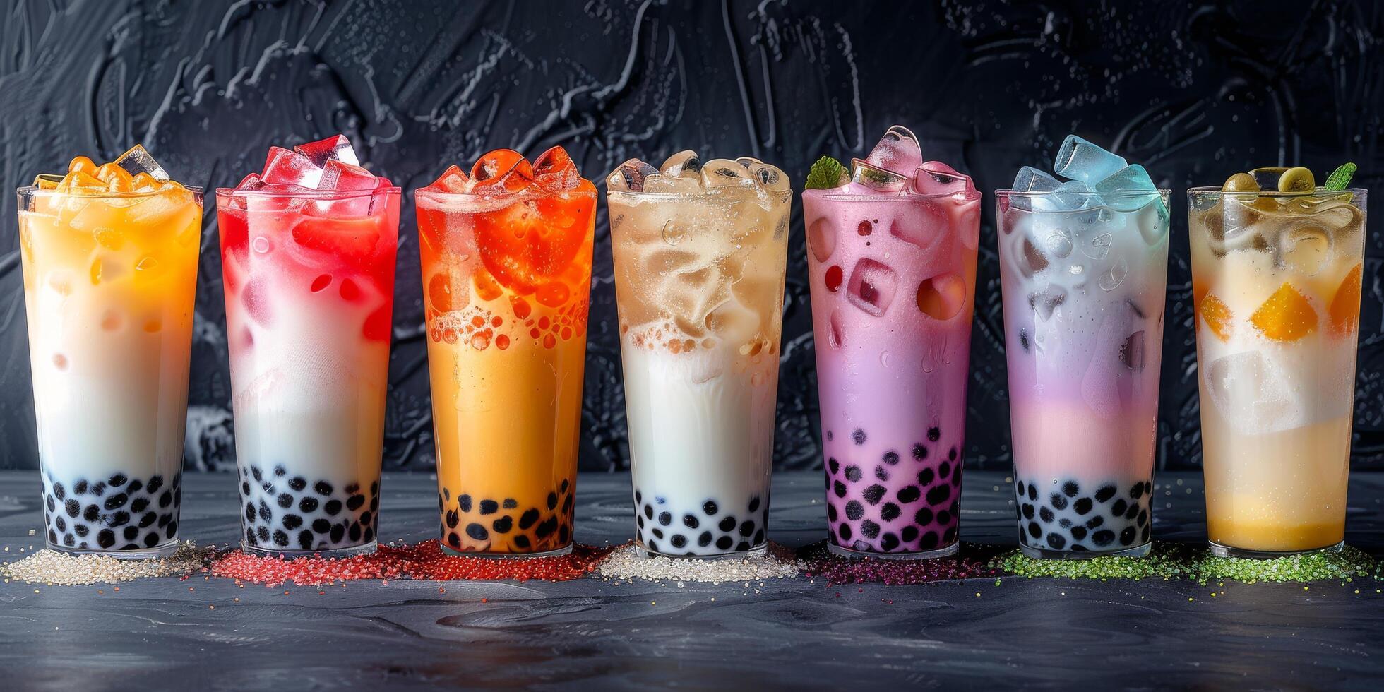 Colorful Bubble Tea Drinks With Boba Pearls On A Black Countertop photo
