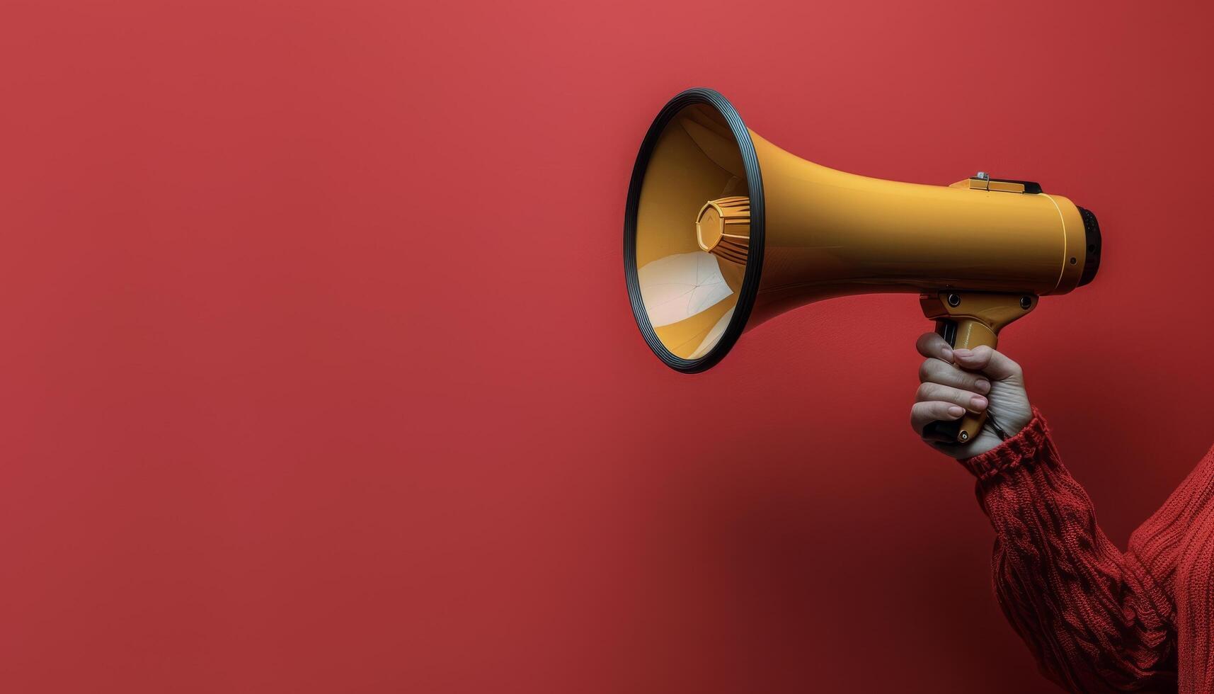 Yellow Megaphone Held By Hand Against Red Background photo
