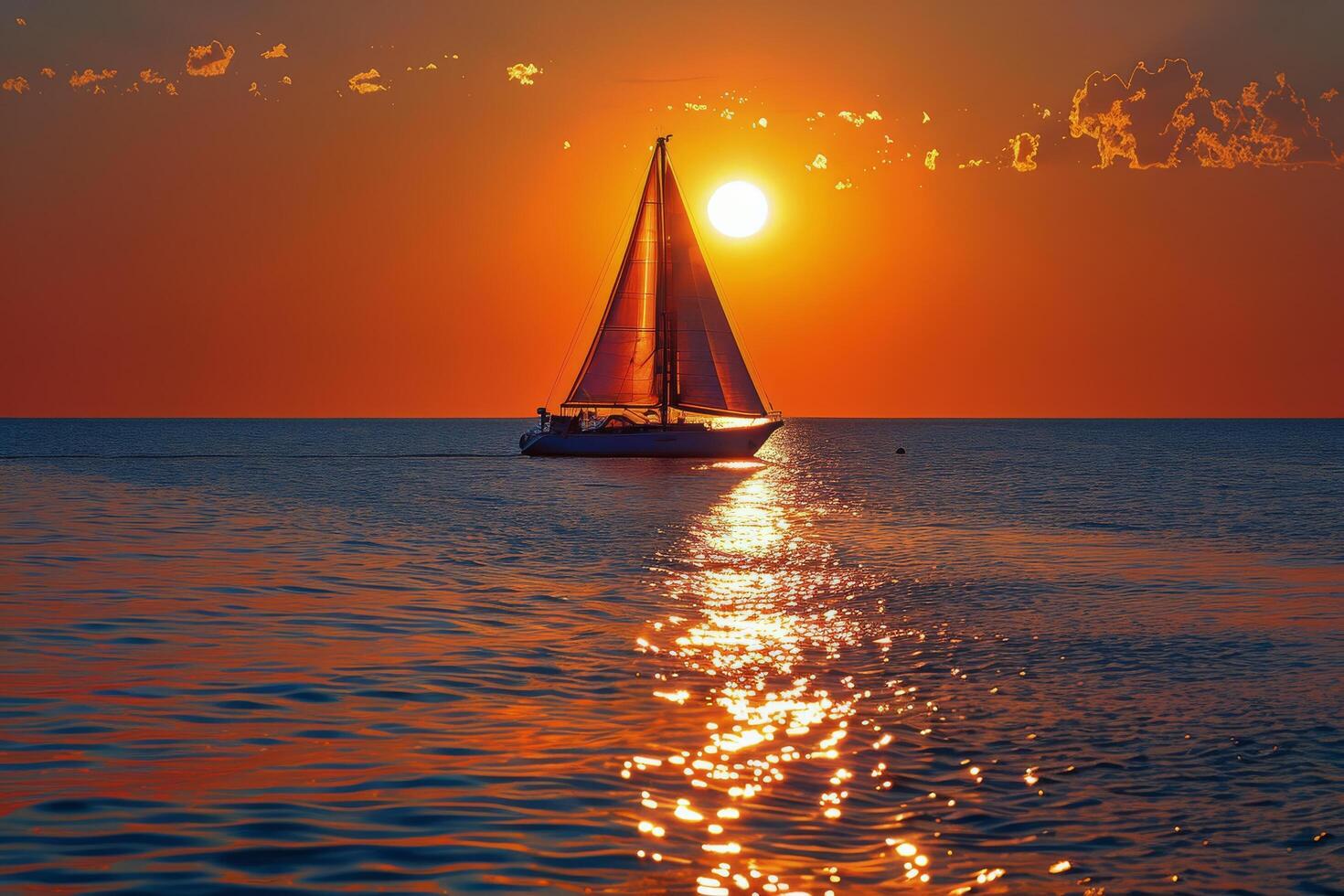 Sailboat at Sunset on Calm Ocean Water photo