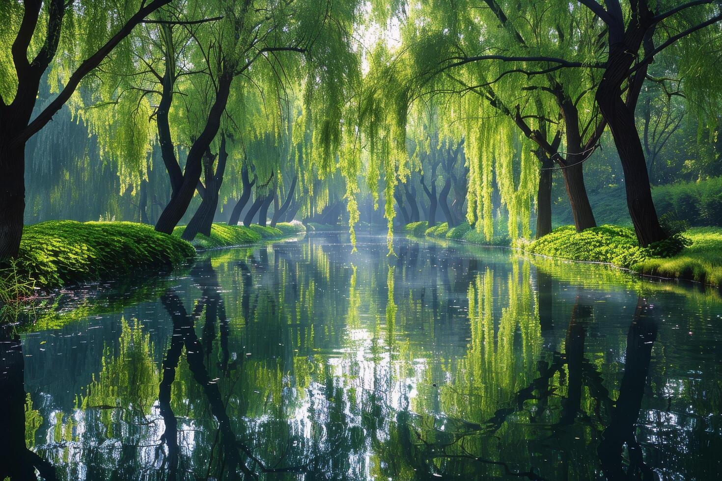 Tranquil Pond With Lush Green Foliage and Stone Stepping Stones in a Sunny Park photo
