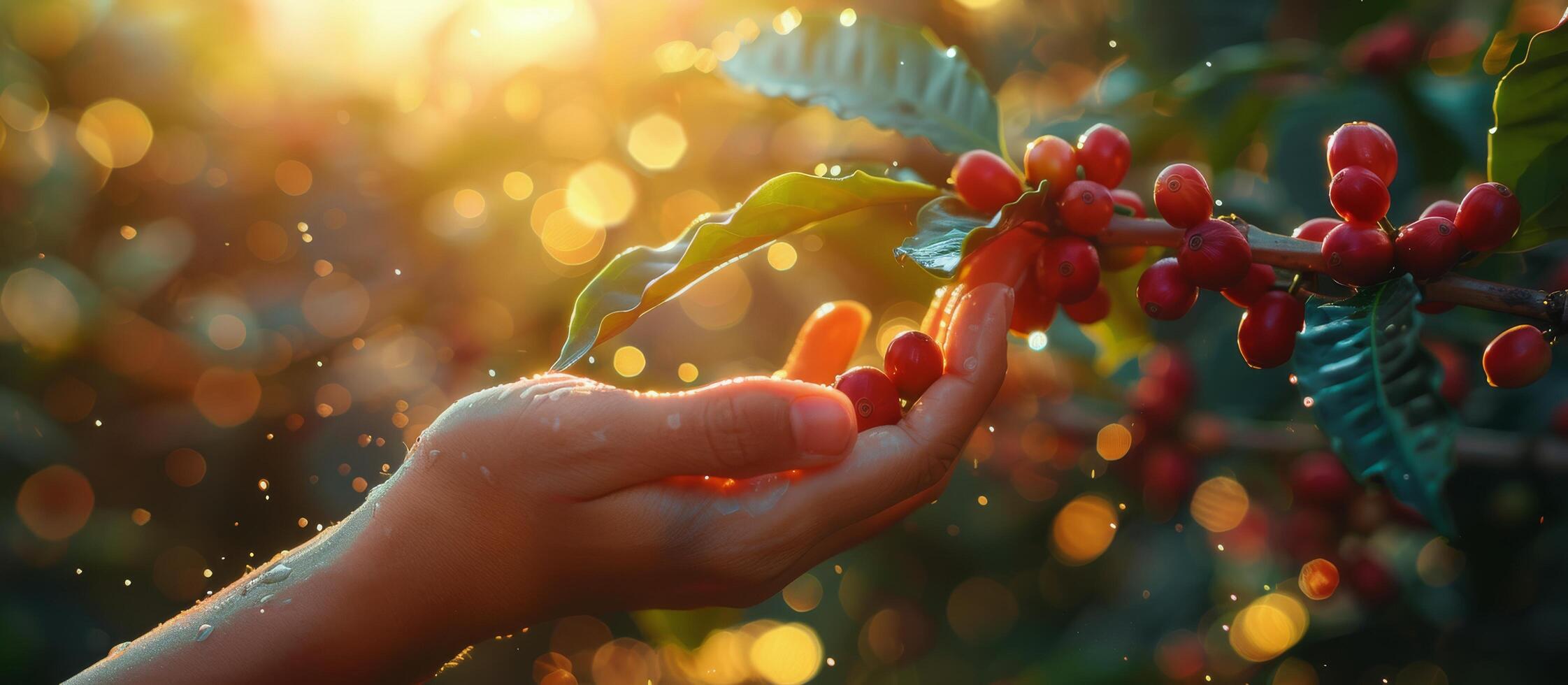 A Handful of Ripe Coffee Berries Harvested From a Bush in the Morning Sunlight photo
