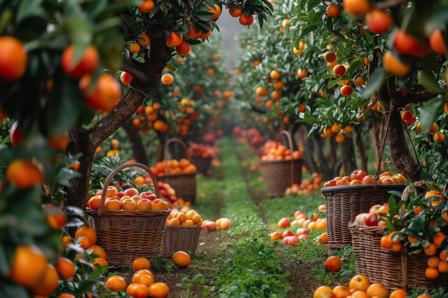 Rows of Orange and Apple Trees in a Fruit Orchard at Sunset photo