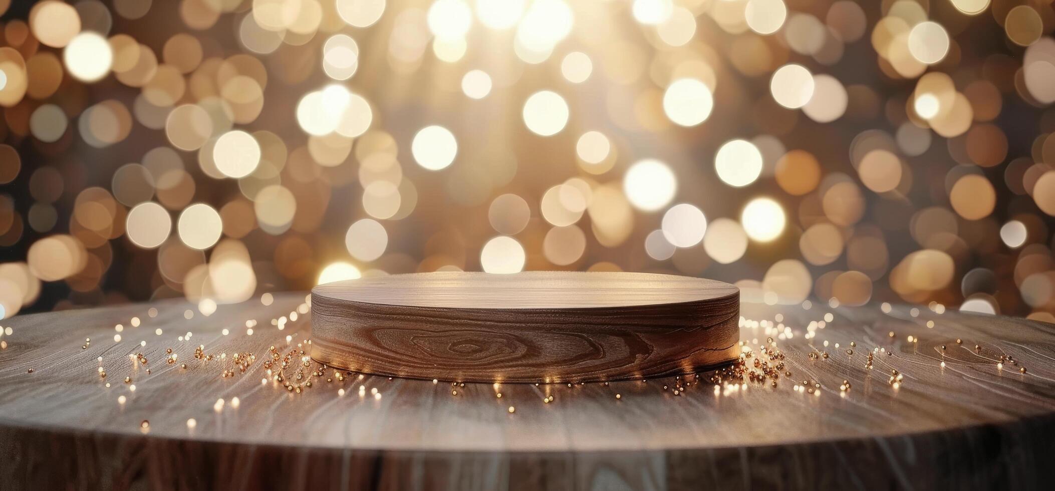 Wooden Round Tabletop With Golden Bokeh Lights Background photo