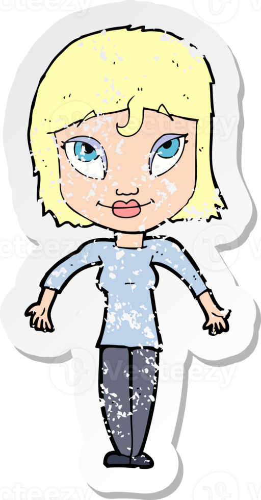 retro distressed sticker of a cartoon girl shrugging shoulders drawing png