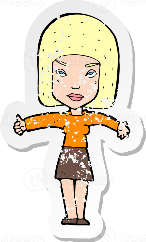 retro distressed sticker of a cartoon woman giving thumbs up symbol drawing png