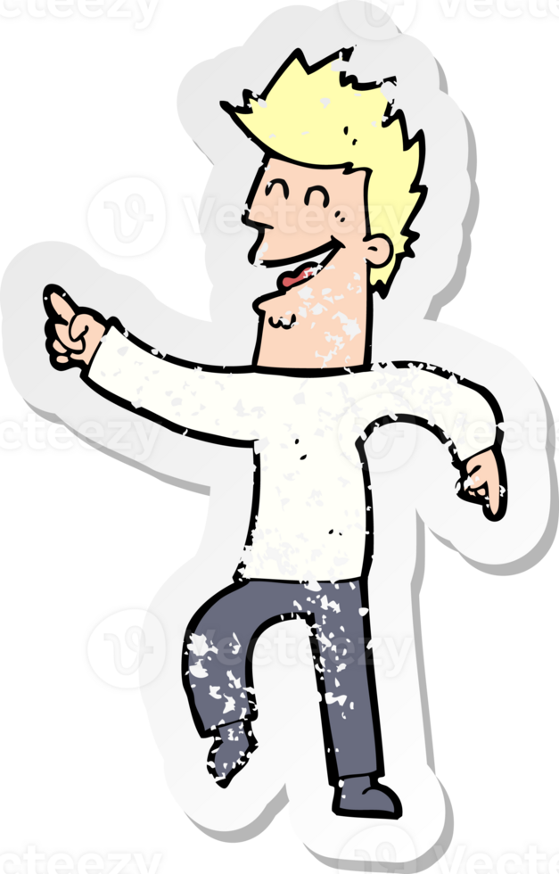 retro distressed sticker of a cartoon man pointing and laughing drawing png