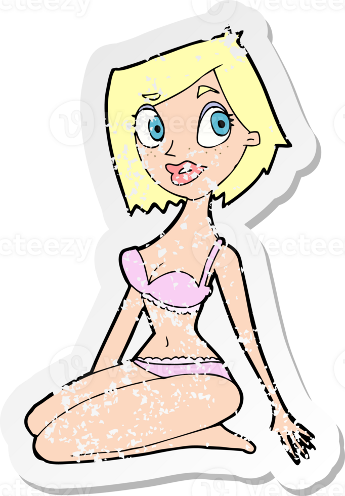 retro distressed sticker of a cartoon pretty woman in underwear drawing png