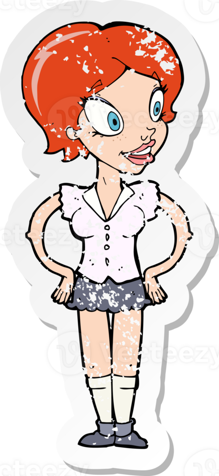 retro distressed sticker of a cartoon happy woman in short skirt drawing png