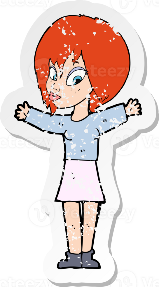 retro distressed sticker of a cartoon woman with open arms drawing png