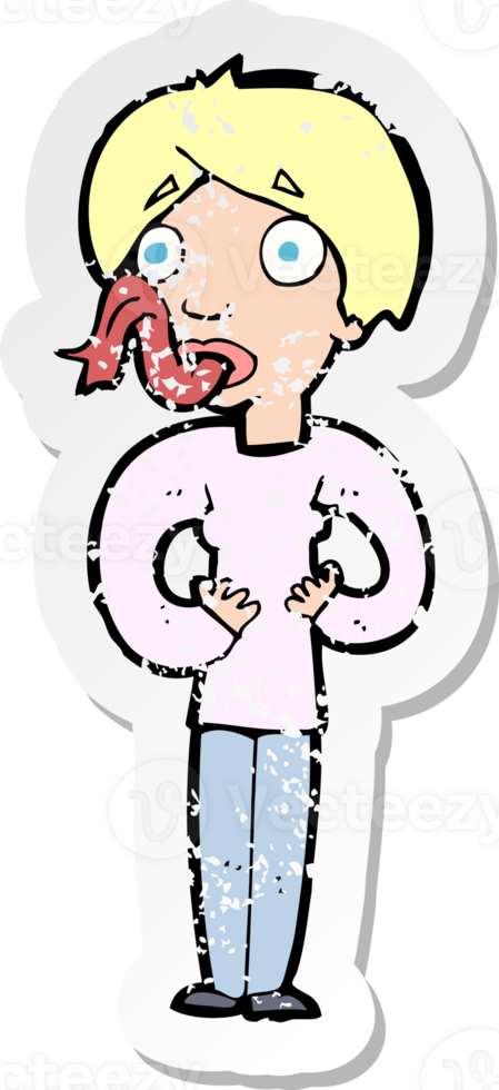 retro distressed sticker of a cartoon woman sticking out tongue drawing png