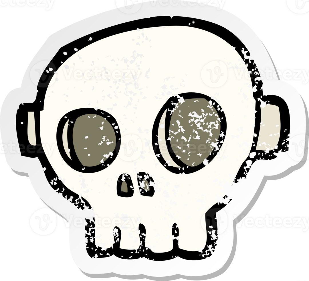 retro distressed sticker of a cartoon spooky skull mask drawing png