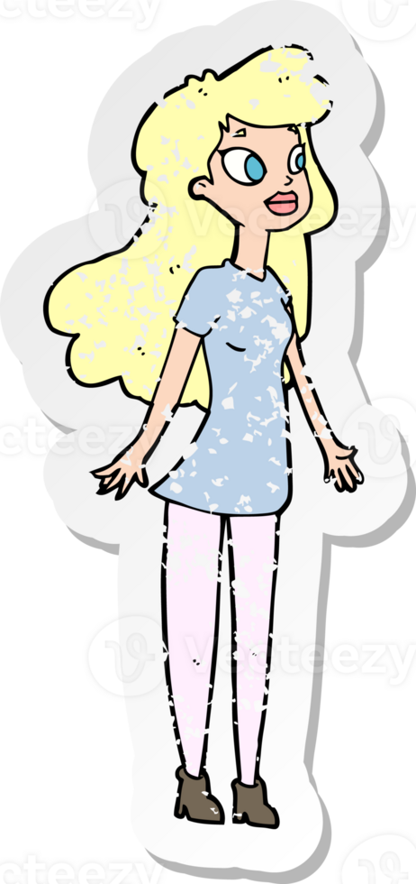 retro distressed sticker of a cartoon pretty girl drawing png