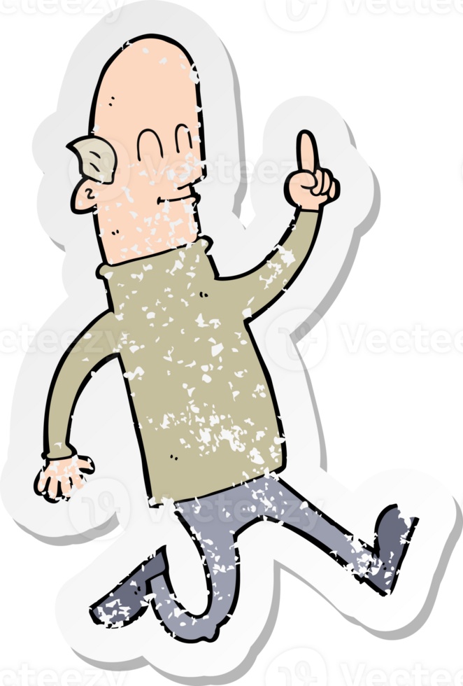 retro distressed sticker of a cartoon bald man with idea drawing png