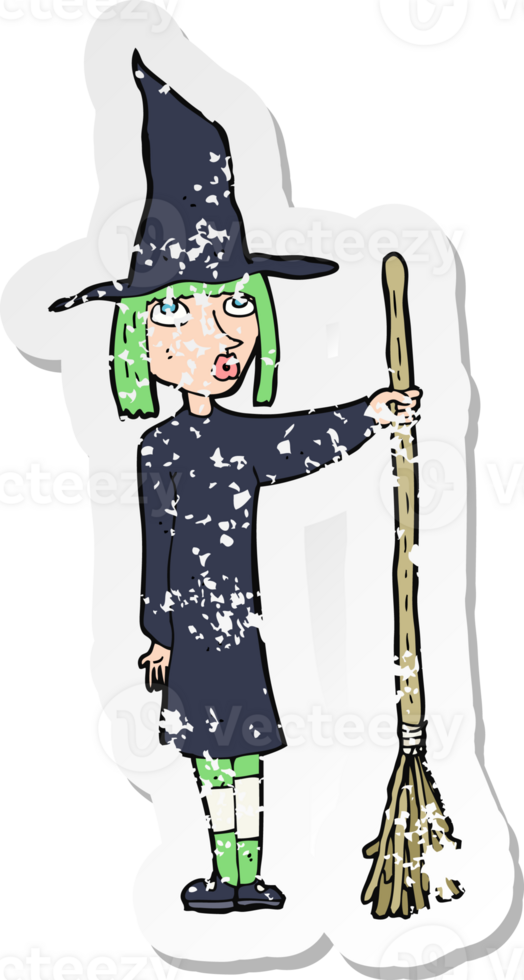 retro distressed sticker of a cartoon witch drawing png