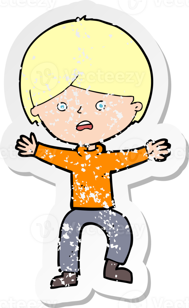 retro distressed sticker of a cartoon boy panicking drawing png