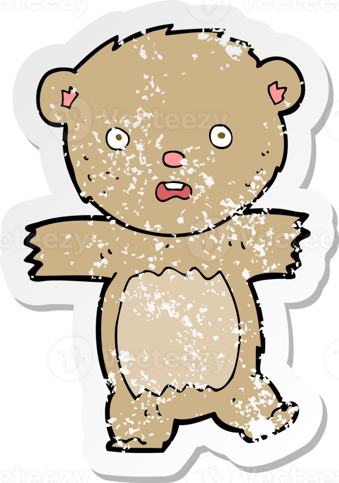 retro distressed sticker of a cartoon shocked teddy bear drawing png