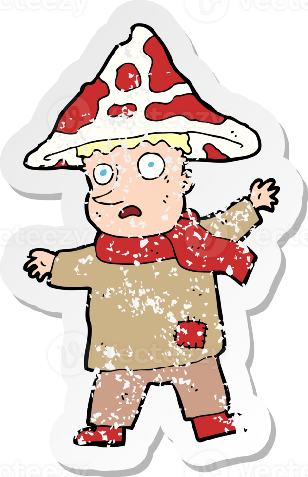 retro distressed sticker of a cartoon magical mushroom man drawing png
