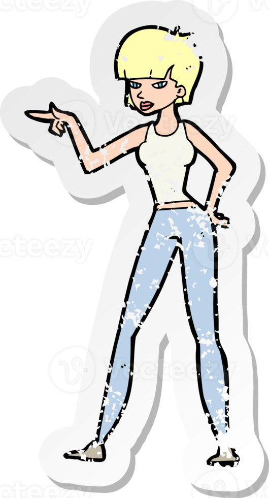 retro distressed sticker of a cartoon woman pointing drawing png