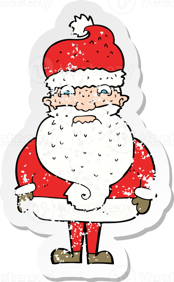 retro distressed sticker of a cartoon grumpy santa claus drawing png