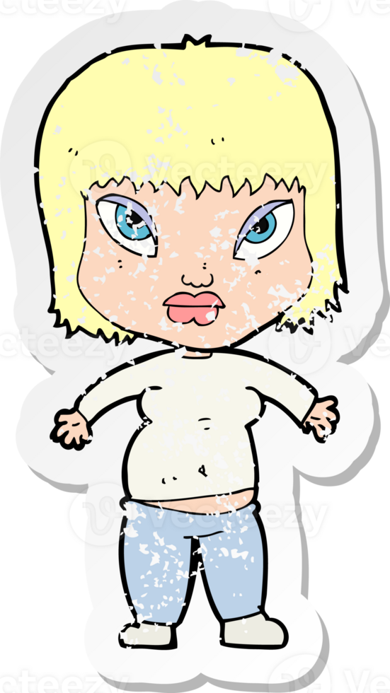 retro distressed sticker of a cartoon overweight woman drawing png
