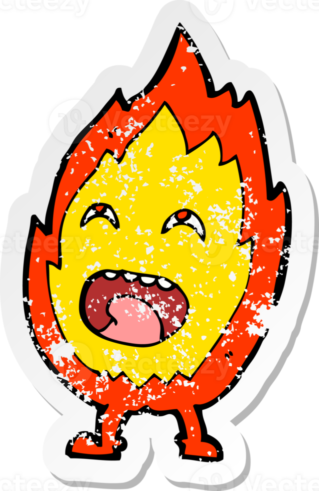 retro distressed sticker of a cartoon flame character drawing png