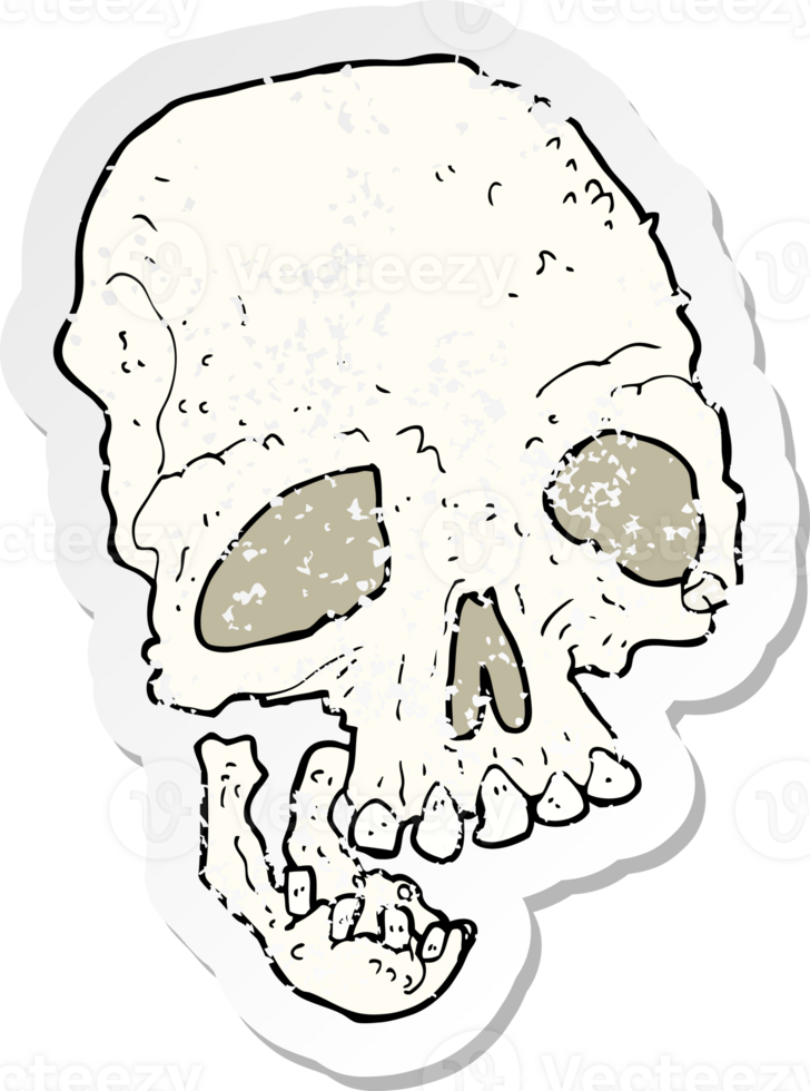 retro distressed sticker of a cartoon ancient spooky skull drawing png
