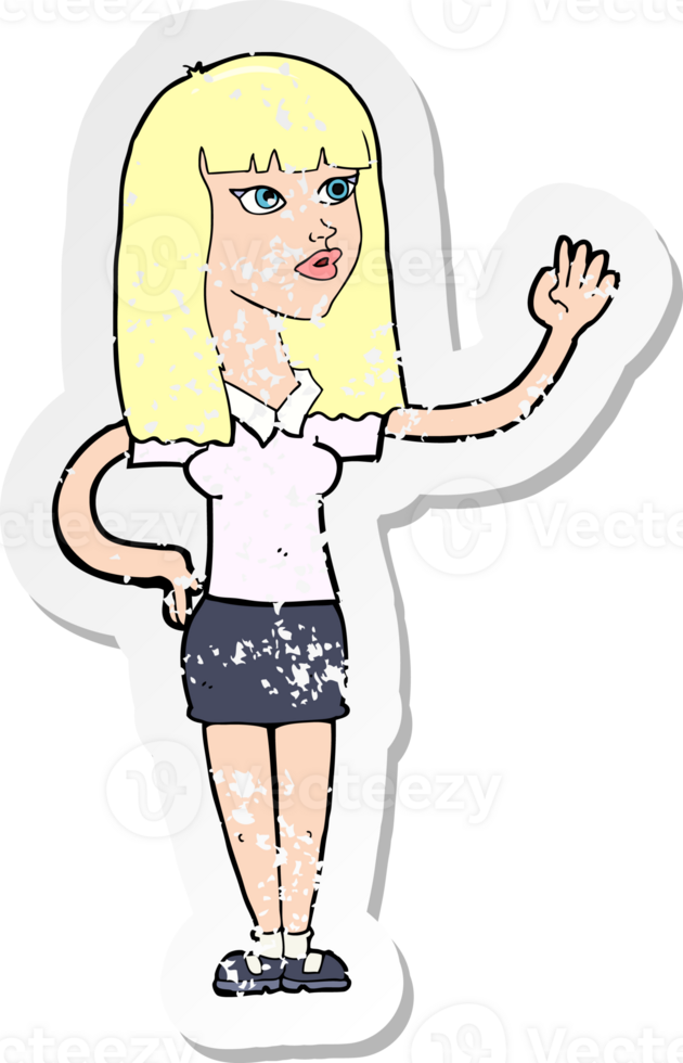 retro distressed sticker of a cartoon pretty woman waving drawing png