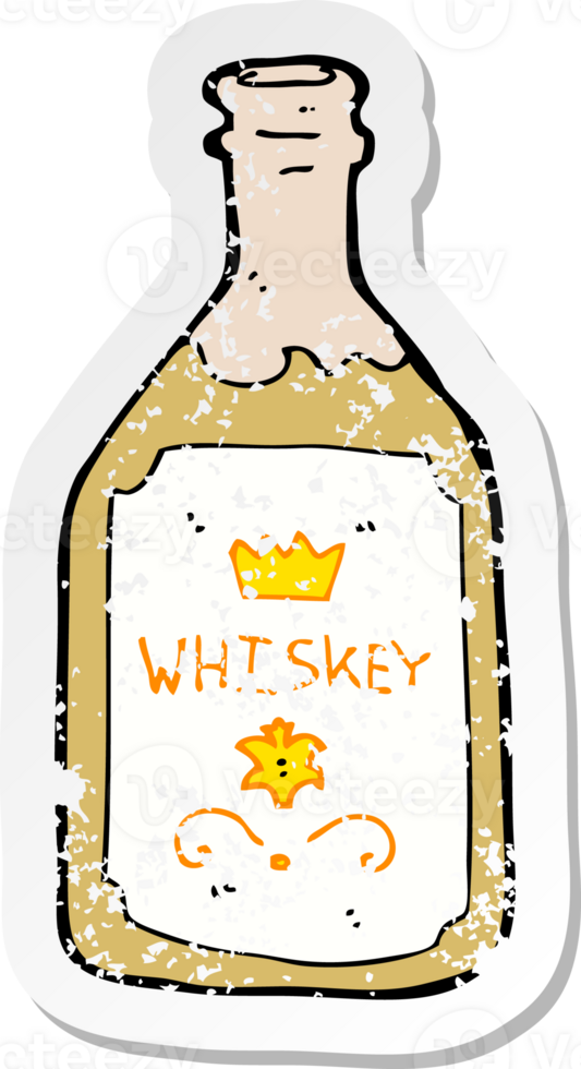 retro distressed sticker of a cartoon whiskey bottle drawing png