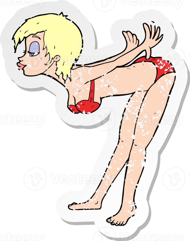 retro distressed sticker of a cartoon pin up girl in bikini drawing png