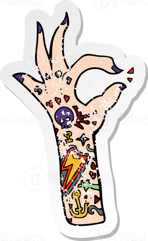 retro distressed sticker of a cartoon tattoo arm drawing png