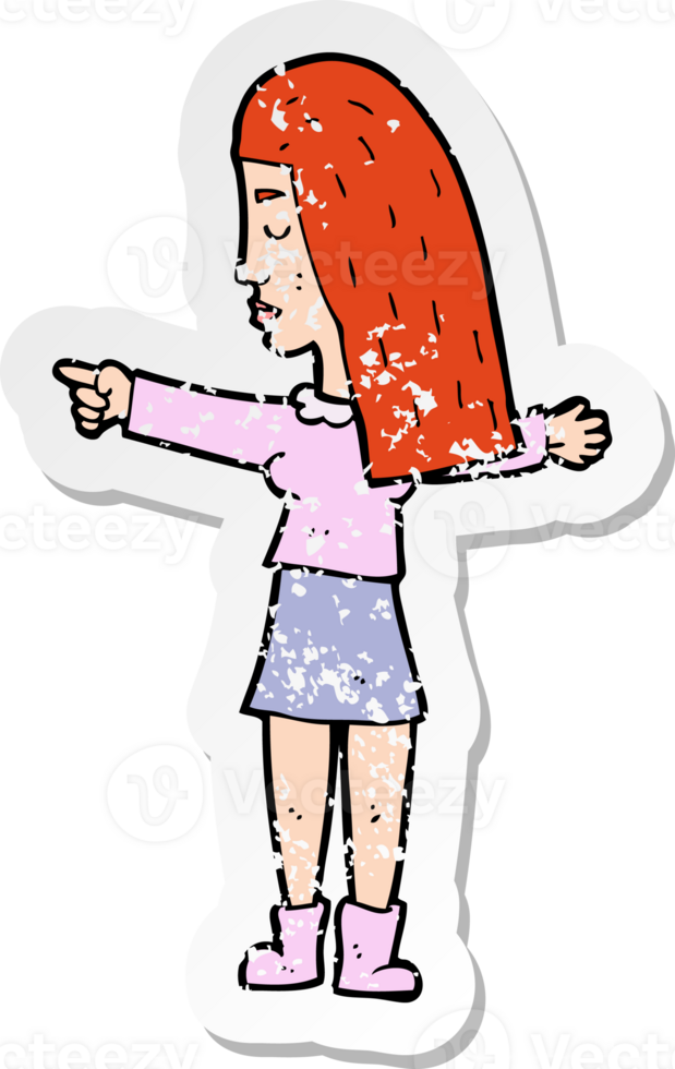retro distressed sticker of a cartoon woman pointing drawing png