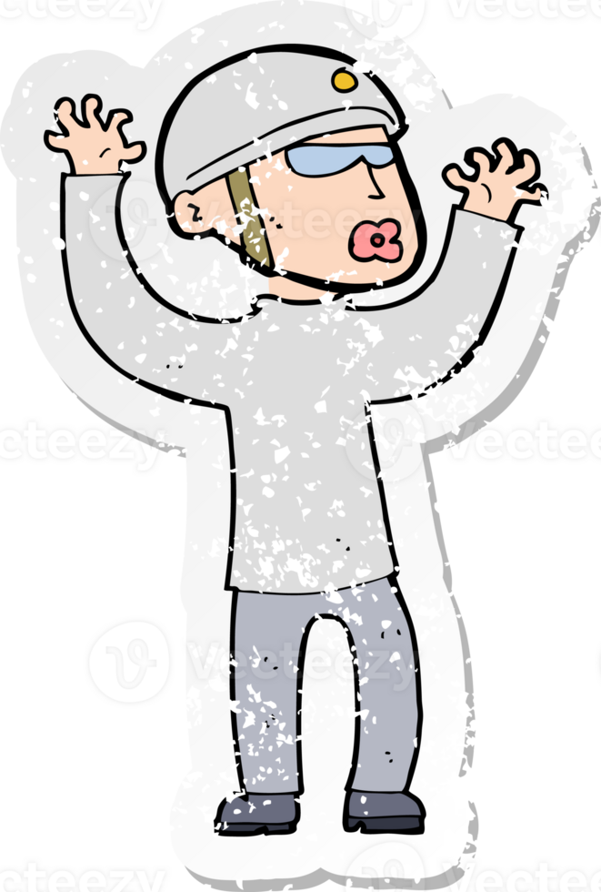 retro distressed sticker of a cartoon security man panicking drawing png